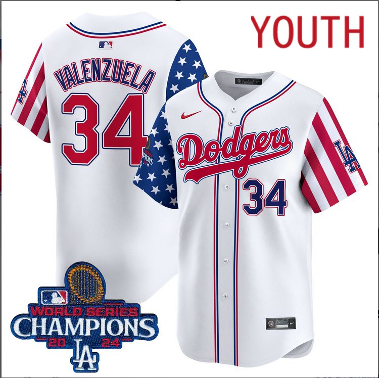Youth  MLB Los Angeles Dodgers #34 Valenzuela American Style white 2024 World Series Champions  Limited Jersey->youth mlb jersey->Youth Jersey